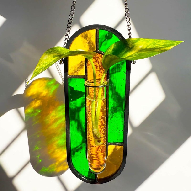 LITMIND Multi-Color Stained Glass Propagation Station - Handcrafted Translucent Suncatcher Planter with 2 Tubes, Hanging Hydroponic Décor for Windows & Garden - Image 2